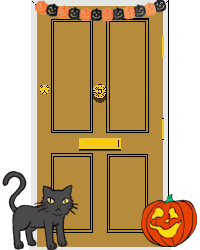 a picture of a door decorated with a Halloween garland, a black cat, and a jack-o-lantern